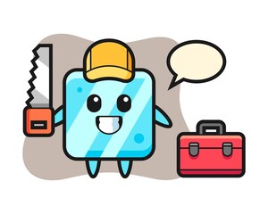 Illustration of ice cube character as a woodworker