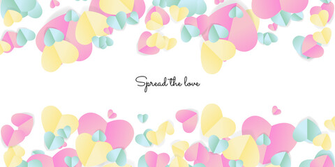 Valentine's day pink yellow green concept frame. Vector illustration. 3d red and pink paper hearts on geometric background. Cute love sale banner or greeting card 