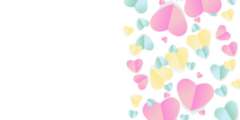 Valentine's day pink yellow green concept frame. Vector illustration. 3d red and pink paper hearts on geometric background. Cute love sale banner or greeting card 