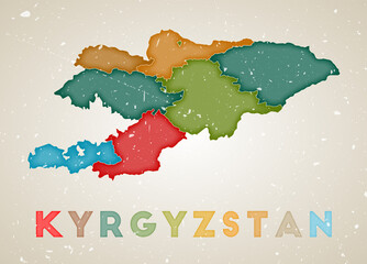 Kyrgyzstan map. Country poster with colored regions. Old grunge texture. Vector illustration of Kyrgyzstan with country name.