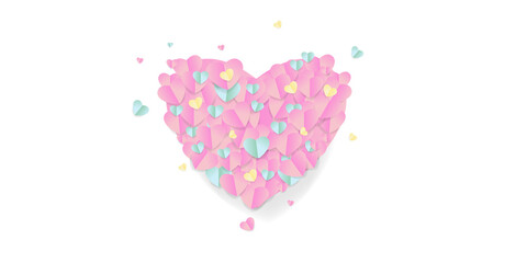 Paper elements in shape of heart flying on pink background. Vector symbols of love for Happy Women's, Mother's, Valentine's Day, birthday greeting card design. 