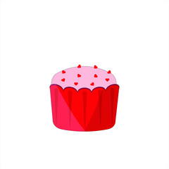 Cupcake in a red shape with pink icing with hearts. Vector illustration.