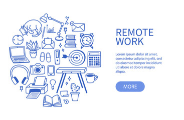Fototapeta na wymiar A set of contour elements - work from home, the concept of remote work and freelance in quarantine. Vector illustration in doodle style for banners and websites.