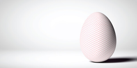 Easter 3D render concept: A single decorative glossy egg with beautiful and authentic wave design on white background with smooth shadow and large copy space. Illustrated graphic object. Shiny surface