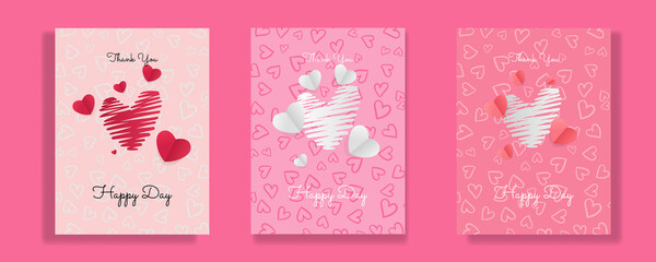 Fototapeta na wymiar Valentine's day concept posters set. Vector illustration. 3d red and pink paper hearts with frame on geometric background. Cute love sale banners or greeting cards 
