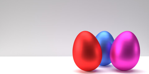Easter 3D render concept: Three decorative eggs with colorful metallic designs on white background with smooth shadow and large copy space. Illustrated graphic objects. Pink, blue and red colored eggs
