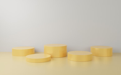 Gold podium color 3D background with geometric shapes circle, pedestal on one floors Curved wall the platform for product presentation minimal style, copy space, sale