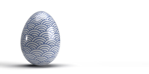 Easter 3D render concept: A single decorative glossy egg with beautiful and authentic wave design on white background with smooth shadow and large copy space. Illustrated graphic object. Shiny surface