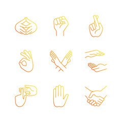 Hand gestures gradient linear vector icons set. One finger - Pointing. Counting on fingers. Handshake. Crossed arm.Thin line contour symbols bundle. Isolated vector outline illustrations collection