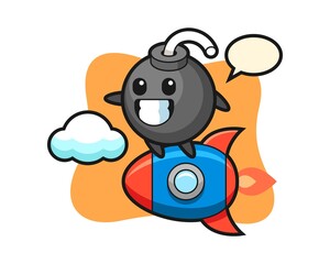 Bomb mascot character riding a rocket