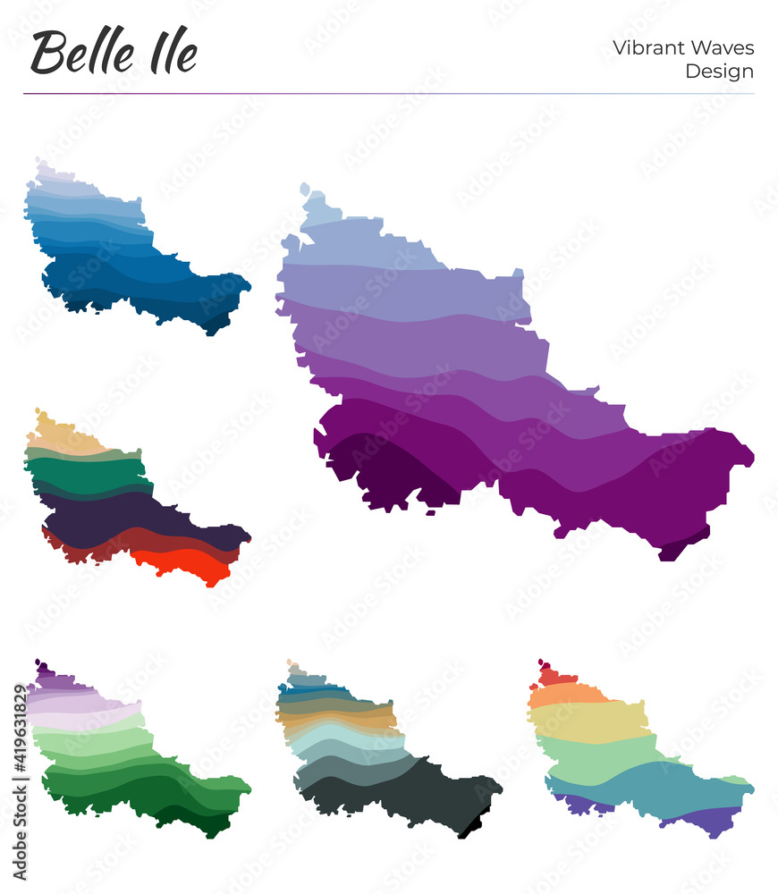 Poster set of vector maps of belle ile. vibrant waves design. bright map of the island in geometric smooth 