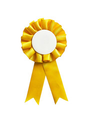 Yellow rosette ribbon with a blank copy space, isolated on a white background. - 419631807