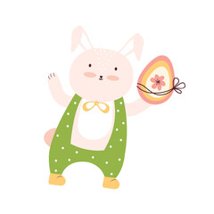 Happy Easter. Cute bunny with easter egg isolated on white background. Funny holiday rabbit. Baby hare cartoon character. Spring festival. Hand drawn vector illustration in pastel colors