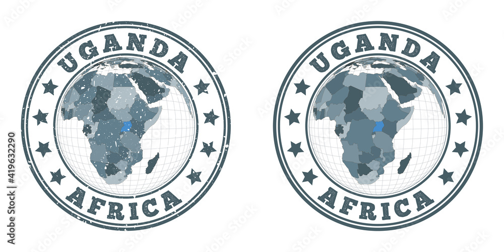 Poster uganda round logos. circular badges of country with map of uganda in world context. plain and textur
