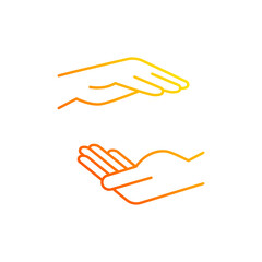 Two hands holding something gradient linear vector icon. Free space for the premises of the object. Maternal care. Thin line color symbols. Modern style pictogram. Vector isolated outline drawing