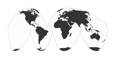 Map of the world. Goode's interrupted homolosine projection. Globe with latitude and longitude net. World map on meridians and parallels background. Vector illustration.