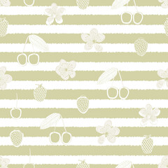 Vector Cherries, Berries, and Blooms on Gold White Striped Background Seamless Repeat Pattern. Background for textiles, cards, manufacturing, wallpapers, print, gift wrap and scrapbooking.