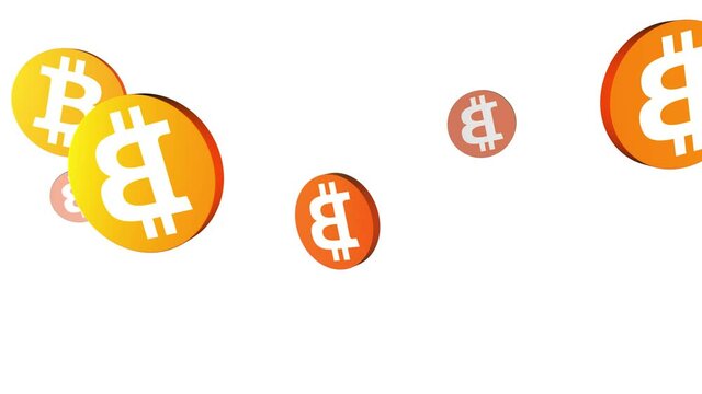 Motion graphics of bitcoins illustration falling and rotating on isolated on white background, animated coins concept