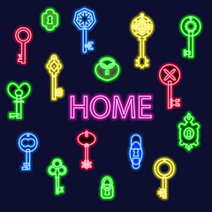 Collection of neon locks, keys and home sign. Flat style illustration. Vector isolated image on dark blue background