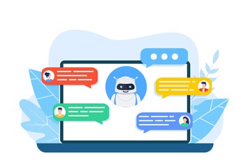 Chatbot robot concept. Dialog help service. User and bot speech messages. people chatting with cute smiling robot. Dialog with bot. Vector illustration in flat style - obrazy, fototapety, plakaty