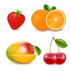 4 Fresh Fruits, Isolated On White Background, Vector Illustration