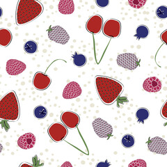 Vector Red Cherries, Strawberries, Rasberries, Blackberries and Blueberries on White Background Seamless Repeat Pattern. Background for textiles, cards, manufacturing, wallpapers, print, gift wrap and