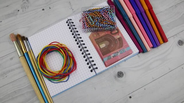 Business, office or design studio concept with money and supplies, including colored pens, paint brushes, rubber bands and wad of Euro bills on an open notebook