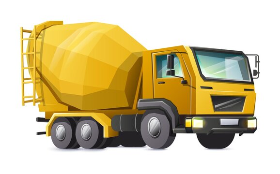 Vector cartoon style car concrete mixer, in yellow color. Isolated on white background.