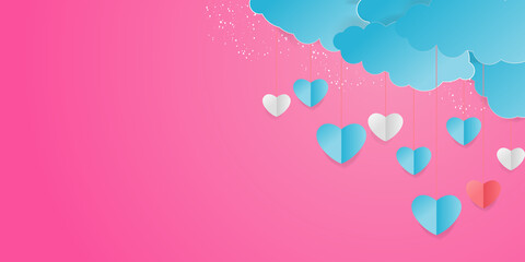 Valentine’s Day modern border frame design for Website, greeting or Sale banner, flyer, poster in paper cut style with cute flying Origami Hearts over clouds with air balloons isolated on background. 