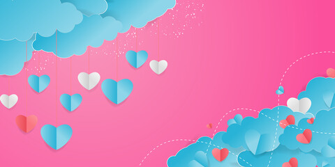 Valentine’s Day modern border frame design for Website, greeting or Sale banner, flyer, poster in paper cut style with cute flying Origami Hearts over clouds with air balloons isolated on background. 