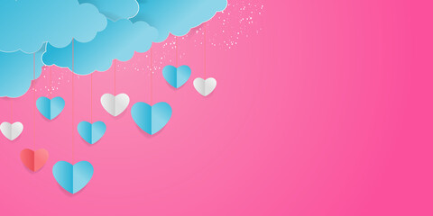 Valentine&rsquo;s Day modern border frame design for Website, greeting or Sale banner, flyer, poster in paper cut style with cute flying Origami Hearts over clouds with air balloons isolated on background. 