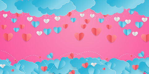Valentine’s Day modern border frame design for Website, greeting or Sale banner, flyer, poster in paper cut style with cute flying Origami Hearts over clouds with air balloons isolated on background. 