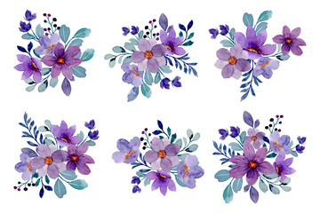 Collection of purple floral bouquet with watercolor