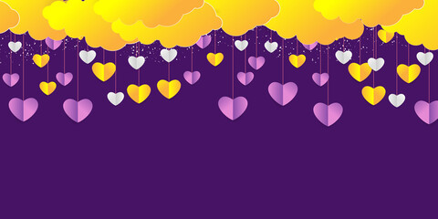 3D Realistic Paper Cut Art Style Purple Yellow Heart Balloons Flying with Cloud