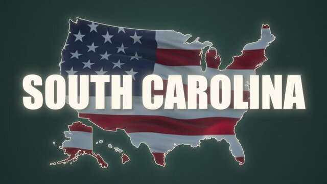 South Carolina state text with USA map flag video waving in wind. Waving Flag United States Of America.