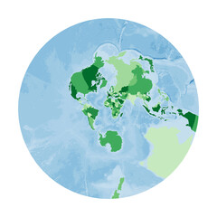 World Map. Stereographic projection. World in green colors with a blue ocean. Vector illustration.