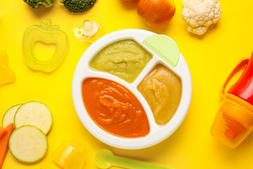Composition with healthy baby food on color background
