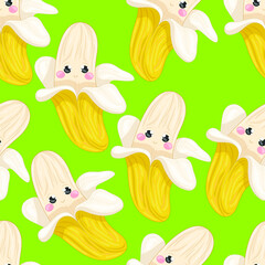 Cute colorful cartoon banana with simple face seamless pattern template. Bright vector illustration for games, background, pattern, decor. Print for fabrics and other surfaces.
