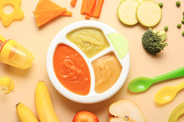 Composition with healthy baby food on color background