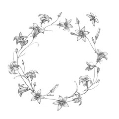 Fototapeta premium Round Frame Botanical Sketch. Floral round black and white frame of leaves and flowers. Frames for the Valentine's day, wedding decor, logo and identity template. Pencil drawing.