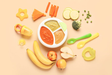 Composition with healthy baby food on color background