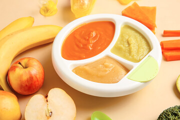 Composition with healthy baby food on color background, closeup