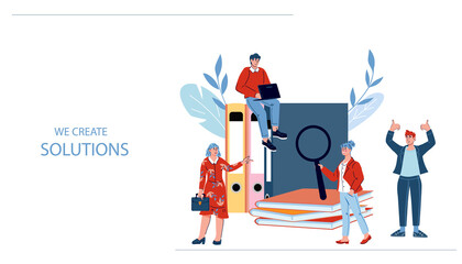 Creating business solution web banner template with cartoon people characters, flat vector illustration. Website with business team or company managers among huge files and documents folders.