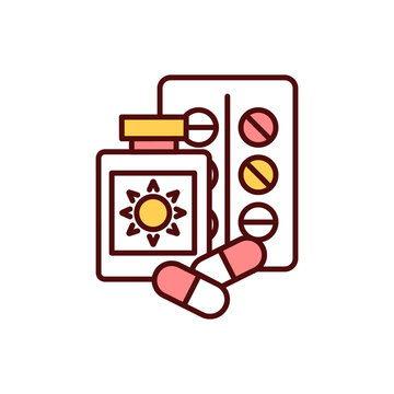 Sun-sensitizing drugs RGB color icon. Allergic reaction. Photosensitive, phototoxic drugs. Sun exposure. Causing severe skin reaction. Painkillers. Ultraviolet exposure. Isolated vector illustration