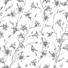Seamless Pattern Bell Flower. Seamless Pattern. Floral background for textile, wallpaper, pattern fills, covers, surface, print. Vintage botanical illustration is made in black pencil.