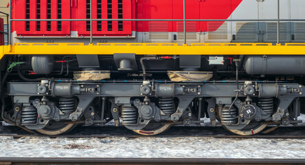Railway bogie of small desel manoeuvring locomotive.