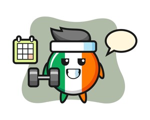 Ireland flag badge mascot cartoon doing fitness with dumbbell