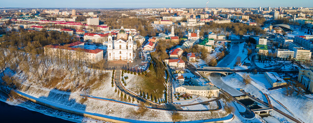 Panoramic view of Dvina river and city of Vitebsk with cathedral orthodox church on the hill and oold town. Aerial view. Travel concept.