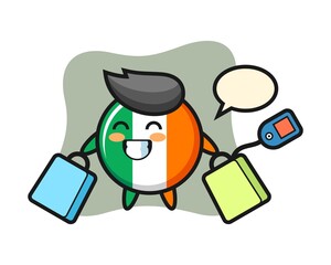 Ireland flag badge mascot cartoon holding a shopping bag