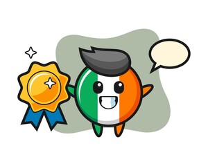 Ireland flag badge mascot illustration holding a golden badge